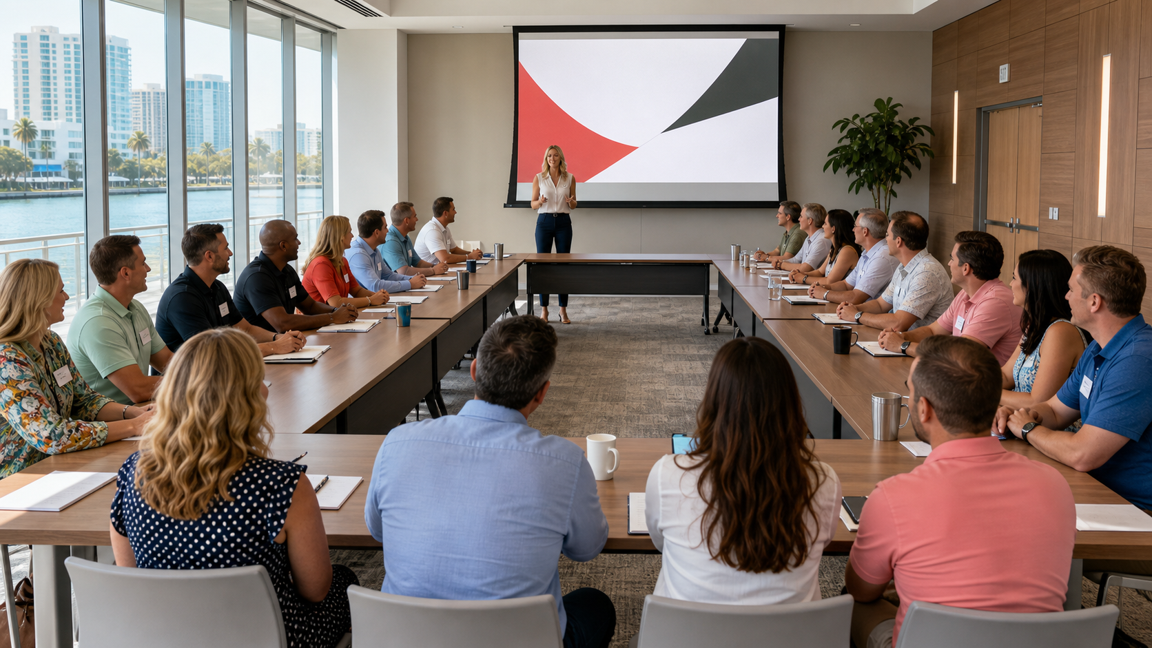 A Tampa Bay Chapter meeting seated in a U-shaped room with presentation slides