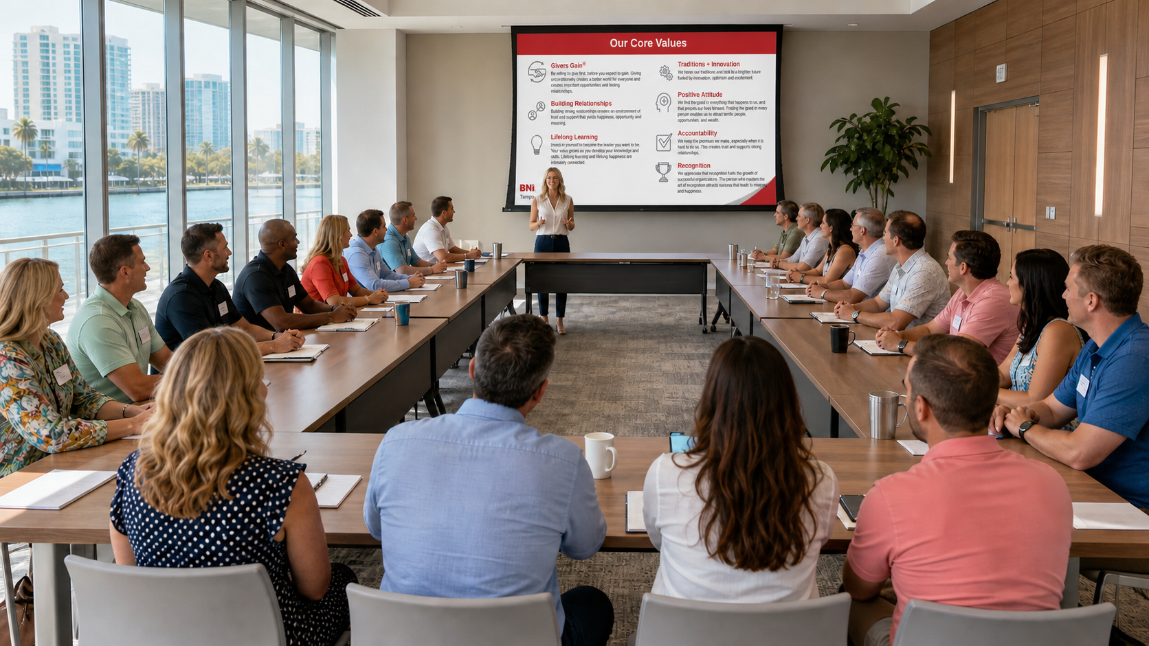 A Tampa Bay Chapter meeting seated in a U-shaped room with the BNI Core Values slide projected