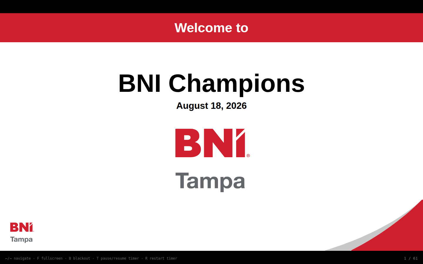 A BNI Tampa Bay Chapter welcome slide